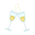 Two glasses with sparkling champagne. Cartoon style. Vector illustration isolated on white background Royalty Free Stock Photo