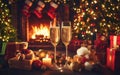 Two glasses of sparkling champagne in front of warm xmas fireplace. Cozy relaxed christmas atmosphere in a chalet house Royalty Free Stock Photo