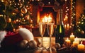 Two glasses of sparkling champagne in front of warm xmas fireplace. Cozy relaxed christmas atmosphere in a chalet house Royalty Free Stock Photo