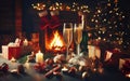 Two glasses of sparkling champagne in front of warm xmas fireplace. Cozy relaxed christmas atmosphere in a chalet house Royalty Free Stock Photo