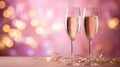 Two glasses of sparkling champagne on pink abstract background and defocused golden bokeh lights, Space for text Royalty Free Stock Photo