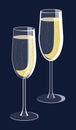 Two glasses of sparkling wine with bubbles. Isolated vector illustration on dark blue background. Good for cards, presentation, Royalty Free Stock Photo