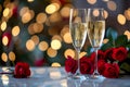 glasses with sparkling wine or champagne and red roses on table with bokeh lights in the background Royalty Free Stock Photo
