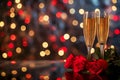 glasses with sparkling wine or champagne and red roses on table with bokeh lights in the background Royalty Free Stock Photo