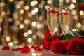 glasses with sparkling wine or champagne and red roses on table with bokeh lights in the background Royalty Free Stock Photo