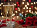 glasses with sparkling wine or champagne and red roses on table with bokeh lights in the background Royalty Free Stock Photo