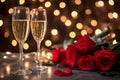 glasses with sparkling wine or champagne and red roses on table with bokeh lights in the background Royalty Free Stock Photo