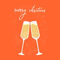 Two glasses of sparkling wine clink illustration on red background. Merry Christmas handwritten on greeting card vetor Royalty Free Stock Photo