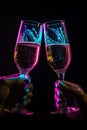 Two glasses of sparkling wine in hands in bright neon background.