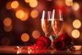 Two glasses with sparkling wine and red roses on table on blurred bokeh background. Love anniversary event celebration