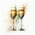 Two glasses of sparkling wine. Watercolor painting. AI generated Royalty Free Stock Photo