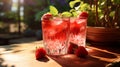 Two glasses with strawberries and ice on wooden table at garden Royalty Free Stock Photo