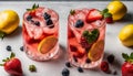 Two glasses of strawberry lemonade with blueberries and raspberries