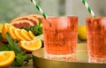 Two glasses of summer lemonade cocktail on tray, mint, fresh fruits Royalty Free Stock Photo