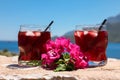 Two glasses of summer red cocktail with ice and a sprig of Bougainvillea flowers between on the blue sky background Royalty Free Stock Photo