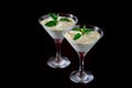 Two glasses of sweet milk dessert with coconut, peanuts and mint on black background with copy space