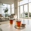 Two glasses of tea on table in bright, modern living room setting, copy space Royalty Free Stock Photo