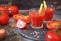 Two glasses of tomato juice, bunch of tomatoes and pink salt Royalty Free Stock Photo
