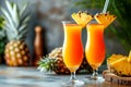 Two glasses of tropical non-alcoholic cocktail with pineapple juice. AI generated. Royalty Free Stock Photo
