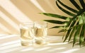 Two glasses of water, palms leaves. Long shadows. Beige table background in sunlight. Blank business, greeting card, invitation Royalty Free Stock Photo