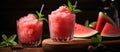 Two glasses of Watermelon smoothies on a wooden table with straws Royalty Free Stock Photo