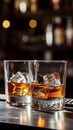 Two glasses of whiskey with ice on a bar counter, dark background with bokeh. Royalty Free Stock Photo