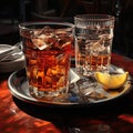 Two glasses of whiskey on a tray with lemon close-up. Men\'s club, bar.