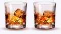 two glasses of whiskey on a wooden table with ice cubes Royalty Free Stock Photo