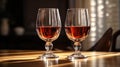 Two glasses of whisky on a table. Blurred light from window on background Royalty Free Stock Photo