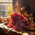 Two glasses of white and red wine and bunch of grapes on wooden table in vineyard Royalty Free Stock Photo