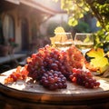 Two glasses of white and red wine and bunch of grapes on wooden table in vineyard Royalty Free Stock Photo