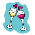 Two glasses with white and red wine. Toast Creating Splash with two hearts on blue sticker. Glasses for her and him Royalty Free Stock Photo