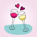 Two glasses with white and red wine. Toast Creating Splash with two hearts on blue sticker. Glasses for her and him Royalty Free Stock Photo