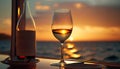 Two glasses of white wine on the background of the sea and sunset Royalty Free Stock Photo