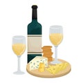 Two glasses of white wine, cheese platter on a wooden Board with crackers? bottle of wine. Maasdam, Gouda, Roquefort Royalty Free Stock Photo