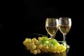 Two glasses of white wine and grape on black background Royalty Free Stock Photo