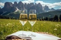 Two glasses of white wine on a picnic blanket, overlooking beautiful mountain landscape. Drinking wine, sunny day in Alps