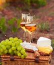 Two glasses white wine, various sorts of cheese and grapes on th