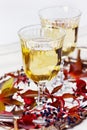Two glasses of white wine on a vintage silver tray decorated with autumn grape, leaves and raspberries, romantic picnic Royalty Free Stock Photo