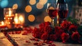 Two glasses of wine sitting on a table with rose petals. Perfect for romantic occasions or celebrations Royalty Free Stock Photo