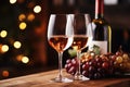 Two glasses of wine, a bottle of wine, grapes on a background of golden bokeh.Empty wooden table. Ready for product montage Royalty Free Stock Photo