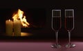 Two glasses with wine, candles and fireplace on black backdrop. Valentine`s Day concept Royalty Free Stock Photo