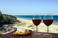 Two glasses of wine with charcuterie assortment with view of beach in Baltic sea. Glass of red wine with different snacks