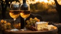 Two glasses of wine and cheese on a table with grapes and a bottle of wine, AI Royalty Free Stock Photo