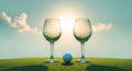 Two glasses of wine with a golf ball placed on a golf course green in a bright outdoor setting Royalty Free Stock Photo