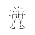 Two glasses of wine. Linear vector icon in cartoon style isolated on white background.