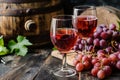 Two Glasses of Wine Next to a Barrel and Grapes. Generative AI. Royalty Free Stock Photo