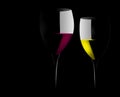 Two glasses of wine, one red, one white, are seen on a black background Royalty Free Stock Photo