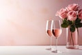 two glasses of wine with pink roses flowers in vase on pale pink background with copy space, romantic template design Royalty Free Stock Photo