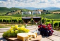 two glasses of wine, a plate of cheese, and grapes arranged on a wooden table outdoors Royalty Free Stock Photo